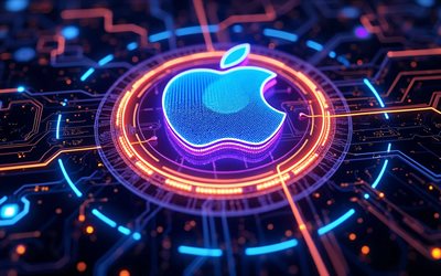 4k, logotipo 3d da apple, raios de néon coloridos, fundo escuro de alta tecnologia, microcircuitos, condutores, marcas de eletrônicos, logotipo brilhante da apple, marcas, logotipo colorido da apple, obra de arte, logotipo da maçã, maçã