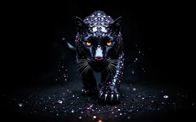pantera negra, 4k, depredador, piedras moradas, gatos salvajes, animales salvajes, depredadores, panteras negras, arte creativo, fondo negro, pantera negra en la oscuridad, jaguar negro, pantera