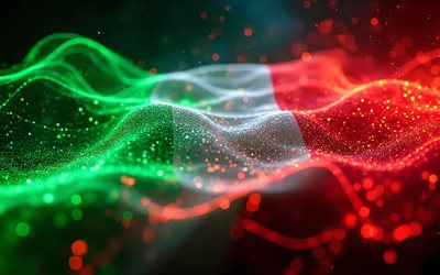 4k, علم إيطاليا متوهج, خوخه, موجات ثلاثية الأبعاد باللون الأحمر والأخضر, علم إيطاليا, فن ثلاثي الأبعاد, العلم الإيطالي, أوروبا, علم إيطاليا ثلاثي الأبعاد, إيطاليا, علم إيطاليا بريق