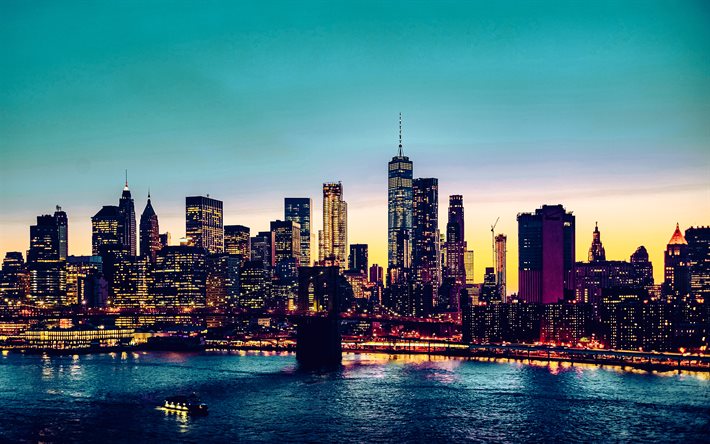 4k, brooklyn bridge, manhattan, nighcapes, new york city, amerikanska städer, skyskrapor, new york citys, usa, nyc, new york panorama