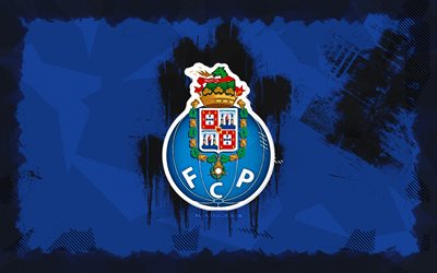 fc porto grunge  logo, 4k, primeeira liga, blauer grunge  hintergrund, fußball, fc porto emblem, fc porto logo, fc porto, liga portugal, portugiesischer fußballverein, porto fc