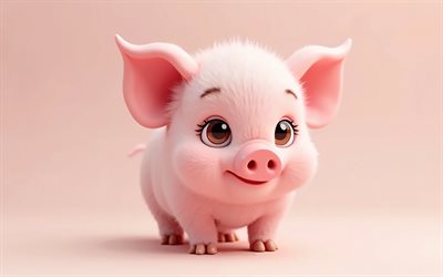 4k, süßes 3d  ferkel, cartoon 3d elefant, süße tiere, ferkel, 3d  tiere, cartoon 3d  tiere, lustiges ferkel, schweinchen, süßes 3d  schwein, rosa hintergrund