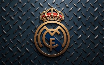 logotipo de metal de real madrid, 4k, fondo de cuadrícula de metal, laliga, fútbol, logotipo del real madrid, fútbol americano, logotipo 3d del real madrid, club de fútbol español, emblema del real madrid, real madrid cf, real madrid fc