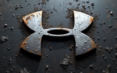 4k, logo in metallo sotto armatura, sfondo del grunge metallico, under armour, grunge art, emblema sotto l'armatura, marchio di abbigliamento, texture di grunge in metallo