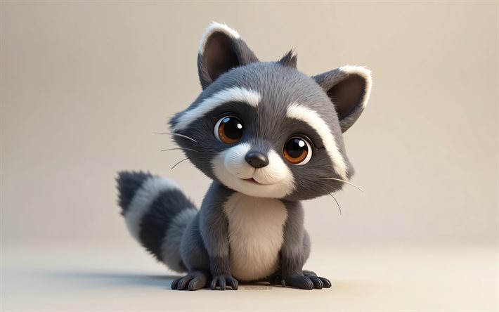 4k, lindo mapache 3d, dibujos animados 3d, animales lindos, mapache, animales 3d, animales 3d de dibujos animados, raccoon divertido, pequeño mapache, fondo naranja