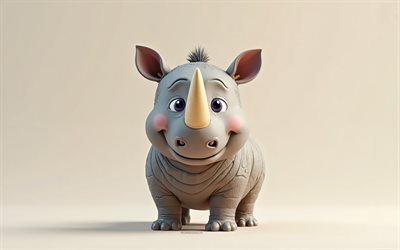 4k, netter 3d  nashorn, cartoon 3d  rhinoceros, süße tiere, nashorn, 3d  tiere, cartoon 3d  tiere, lustige nashorn, kleine nashorn, grauer hintergrund