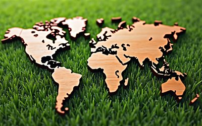خريطة العالم الخشبي, 4k, علم البيئة, عالم البيئة, بيئة, خرائط العالم, مفاهيم البيئة, خريطة العالم ثلاثي الأبعاد