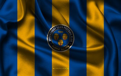 4k, logo shrewsbury town fc, tessuto di seta giallo blu, squadra di calcio inglese, emblema fc di shrewsbury town, league one, shrewsbury town fc, inghilterra, calcio, città di shrewsbury