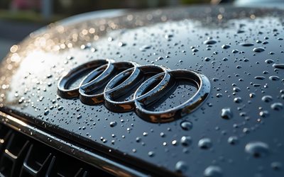 audi  logo, 4k, autot tuotemerkit, vesipisarat, märkä huppu, taideteos, brändien logo, audi, tuotemerkit, audi realistinen logo