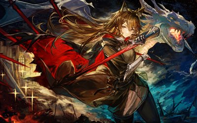texas, 4k, épée rouge, manga, arknights, œuvres d'art, personnages d'anime, texas l'omertosa, personnages arknights, texas arknights