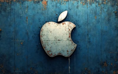 apple white logo, 4k, kreativ, blaue grunge  hintergründe, marken, apple grunge  logo, apfellogo, kunstwerk, apple 3d  logo, apple logo, apfel