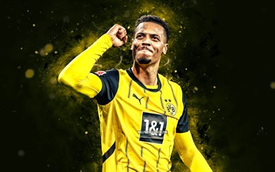 Felix Nmecha, 4K, yellow neon lights, Borussia Dortmund, Bundesliga, German footballers, Felix Nmecha 4K, football, soccer, BVB, BV Borussia 09 Dortmund, Felix Nmecha Borussia Dortmund