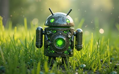 4k, android 3d  logo, grünes gras, android 3d  roboter, android 3d emblem, android  figur, android metal 3d  logo, android, kreative kunst