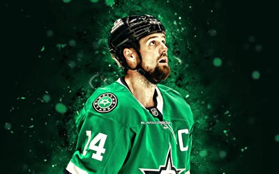 Jamie Benn, 4k, green neon lights, Dallas Stars, NHL, Canadian hockey players, Jamie Benn 4K, hockey, National Hockey League, Jamie Benn Dallas Stars