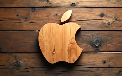 Apple wooden logo, 4k, creative, computers brands, Apple 3D logo, brands logo, wooden backgrounds, Apple logo, brands, Apple