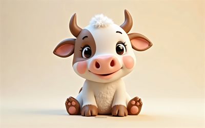 4k, jolie vache 3d, caricature 3d vache, animaux mignons, vache, animaux 3d, animaux 3d de dessin animé, vache drôle, petite vache, fond orange