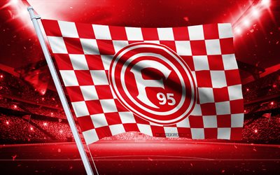 4k, logo fortuna dusseldorf, club de football allemand, drapeau du stade, faute de fans de fortuna dusseldorf, drapeau blanc rouge, emblème de fortuna dusseldorf, bundesliga, allemagne, football, fortuna dusseldorf