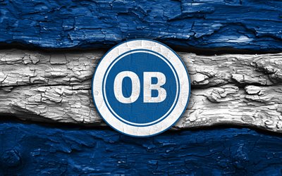 logo en bois odense bk, 4k, fond en bois blanc bleu, 1ère division danoise, football, logo odense bk, emblème d'odense bk, odense bk, club de football danois, fc odense