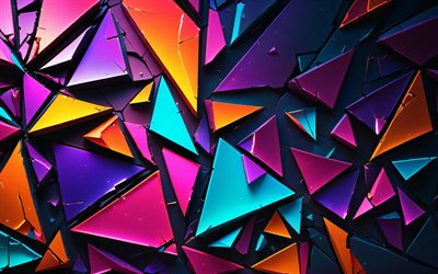 4k, renkli figürler, 3 boyutlu sanat, malzeme tasarımı, geometrik şekiller, yaratıcı, parçalanmış geometrik desen, sanat eseri, renkli 3d arka plan, renkli arka plan, şekiller, 3 boyutlu arka planlar