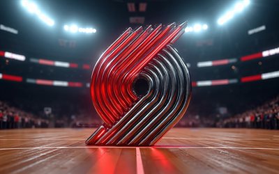 4k, portland trail blazers metal logosu, sahne ışıkları, basketbol stadyumu arka planı, nba, basketbol, portland trail blazers'ın logosu, portland trail blazers 3d logosu, amerikan basketbol takımı, portland trail blazers
