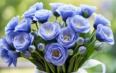 mavi eustoma, 4k, bahçe, cam vazo, bokeh, eustoma buketi, güzel çiçekler, eustoma ile arka plan, mavi çiçekler, eustoma