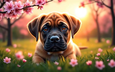 4k, German boxer puppy, sunset, spring, cherry blossom, dogs, cute animals, puppies, pets, German boxer, bokeh, spring flowers, German boxer Dog