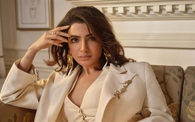 samantha ruth prabhu, 4k, porträtt, beige damkostym, indisk skådespelerska, fotografering, bollywood, vackra kvinnor, indisk modell, samantha ruth prabhu fotografering