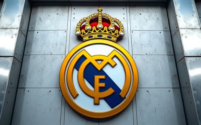 दीवार पर रियल मैड्रिड का लोगो, भूरे रंग की धातु की दीवार, रियल मैड्रिड का प्रतीक, रियल मैड्रिड लोगो, रियल मैड्रिड साइन, स्टेडियम, ला लीगा, स्पेन, फ़ुटबॉल, वास्तविक मैड्रिड, रियल मैड्रिड सीएफ लोगो, रियल मैड्रिड सीएफ