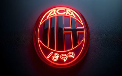 ac milan'ın neon logosu, 4k, ac milan'ın parlayan logosu, kırmızı siyah metal arka plan, seri a, milano, ac milan logosu, ac milan amblemi, italya, ac milan, futbol