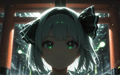 يومو كونباكو, 4k, ليلة, بوابات توري, مشروع توهو, مانغا, وهج أخضر, شخصيات توهو, توهو, كونباكو يوماو, شخصيات الانمي, توري, يومو كونباكو توهو