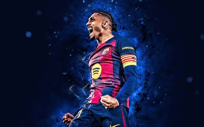 4k, raphinha, tavoite, fc barcelona, siniset neonvalot, la liga, brasilialaiset jalkapalloilijat, raphinha 4k, ilo, sininen abstrakti tausta, jalkapallo, barcelona fc, laliga, barcelona, fcb, raphinha barcelona