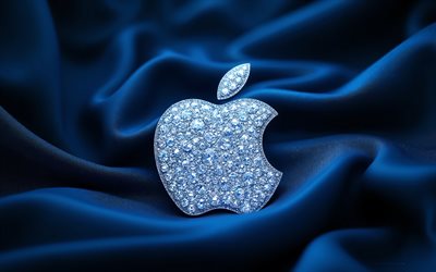 شعار أبل الماسي, 4k, خلفية موجات الحرير الأزرق, أحجار التفاح الكريمة, شعار أبل, علامة أبل, تفاحة