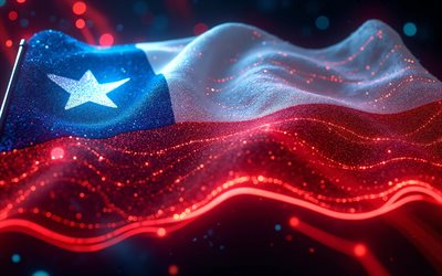 4k, bandera resplandeciente de chile, bokeh, bandera de chile, dia de chile, arte 3d, bandera chilena, bandera de neón de chile, ondas de neón bandera de chile, bandera 3d de chile, bandera abstracta de chile, chile
