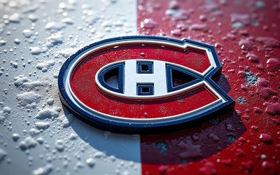 モントリオール・カナディアンズのメタルロゴ, 4k, 赤青の金属の背景, nhl, モントリオール・カナディアンズのロゴ, モントリオール・カナディアンズのエンブレム, アメリカ合衆国, モントリオール・カナディアンズ, ホッケー, カナダ