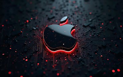 एप्पल काला लोगो, 4k, काली हाईटेक पृष्ठभूमि, लाल चमक, कंडक्टर, इलेक्ट्रॉनिक्स ब्रांड, एप्पल 3डी लोगो, माइक्रोसर्किट पर apple लोगो, ब्रांडों, एप्पल चमकता हुआ लोगो, कलाकृति, एप्पल लोगो, सेब