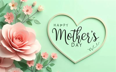 hyvää äitienpäivää, 4k, vihreä tausta, onnittelukortti, hyvää äitienpäivää käsitteet, värikkäitä kukkia, kalligrafiset kirjaimet, hyvää äitienpäivää kirjoitus