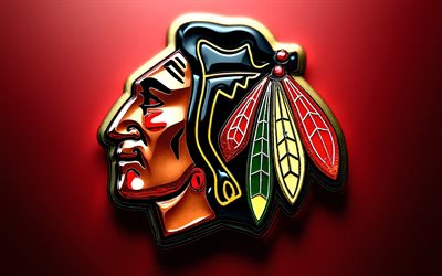 Chicago Blackhawks crystal logo, 4k, red metal background, NHL, Chicago Blackhawks logo, Chicago Blackhawks emblem, USA, Chicago Blackhawks, hockey