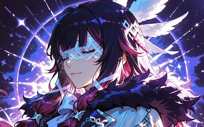 4k, colombine, rayons néon violets, nuit, genshinimpact, mangas, personnages d'anime, hyposelénie de l'ancolie, personnages genshin impact, columbine genshin impact