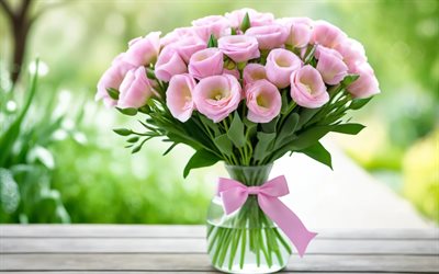 pembe eustoma, 4k, bahçe, cam vazo, bokeh, eustoma buketi, güzel çiçekler, eustoma ile arka plan, pembe çiçekler, eustoma