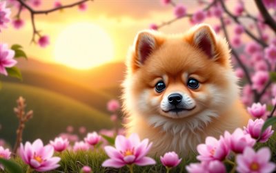 4k, cucciolo di spitz di pomerania, tramonto, primavera, fiore di ciliegio, cani, simpatici animali, cuccioli, animali domestici, spitz di pomerania, bokeh, spitz, fiori primaverili, cane spitz di pomerania