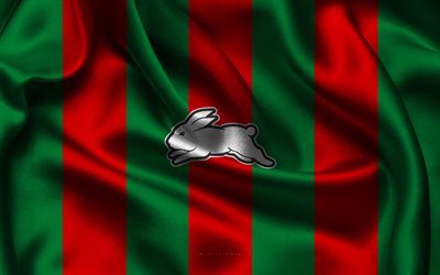 4k, South Sydney Rabbitohs logo, NCAA, red green silk texture, South Sydney Rabbitohs flag, American football club, silk flag, South Sydney Rabbitohs emblem, USA, South Sydney Rabbitohs