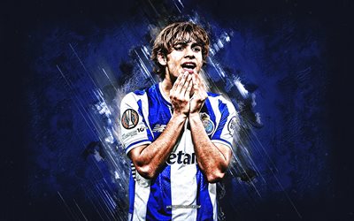 Rodrigo Mora, FC Porto, Portuguese footballer, blue stone background, grunge art, Porto, Portugal, football, Rodrigo Mora FC Porto
