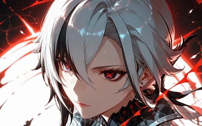 4k, अर्लेचिनो, लाल चमक, क्लोज़ अप, जेनशिन प्रभाव, लाल आँखें, एनिमे पात्र, कलाकृति, रात, जेनशिन इम्पैक्ट पात्र, अर्लेचिनो जेनशिन प्रभाव
