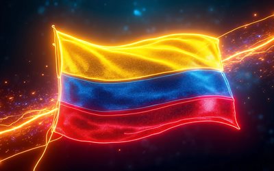 drapeau lumineux de la colombie, 4k, art numérique, fond abstrait sombre, drapeau de la colombie sur le mât, rayons de néon, drapeau de la colombie, drapeau colombien, drapeau abstrait de la colombie, drapeau 3d de la colombie, colombie