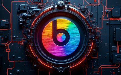 soyut logoyu yener, 4k, karanlık yüksek teknoloji arka planı, renkli neon ışıklar, iletkenler, mikrodevre, elektronik markalar, 3d logosunu yener, markalar, beats'in renkli logosu, sanat eseri, beats logosu, vuruşlar
