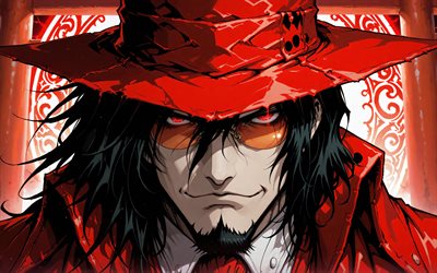 4k, alucard, kırmızı soyut arka plan, tori kapısı, cehennem, kırmızı yağmurluk, kont drakula, torii, manga, dorakyura, cehennem mangası, alucard karakteri, alucard sanatı, cehennem karakterleri, alucard hellsing