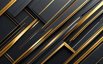 4k, 金色の黒い背景, マテリアルデザイン, 金色の線, 3d テクスチャ, アートワーク, メタルアート, 幾何学, 抽象的な背景, 幾何学的な背景, 抽象化, 黒の抽象的な背景