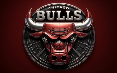 4k, chicago bulls metalllogga, minimalism, röd bakgrund, nba, basketboll, chicago bulls 3d logotyp, kreativ, chicago bulls logotyp, amerikansk basketlag, chicago bulls