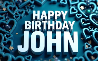 4k, ジョン お誕生日おめでとう, 白い3d文字, ターコイズブルーの3dハート, ジョンの名前, クリエイティブ, ジョンの誕生日, 人気のあるアメリカ人男性の名前, ターコイズブルーの背景, ジョンのお誕生日おめでとう, ジョンの名前が入った写真, ジョン