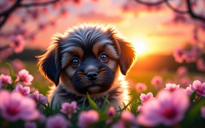 havanese köpek yavrusu, 4k, kabarık köpek yavrusu, gün batımı, bahar, kiraz çiçeği, köpekler, sevimli hayvanlar, yavru köpekler, evcil hayvanlar, havanese, bokeh, bahar çiçekleri, havanese köpeği